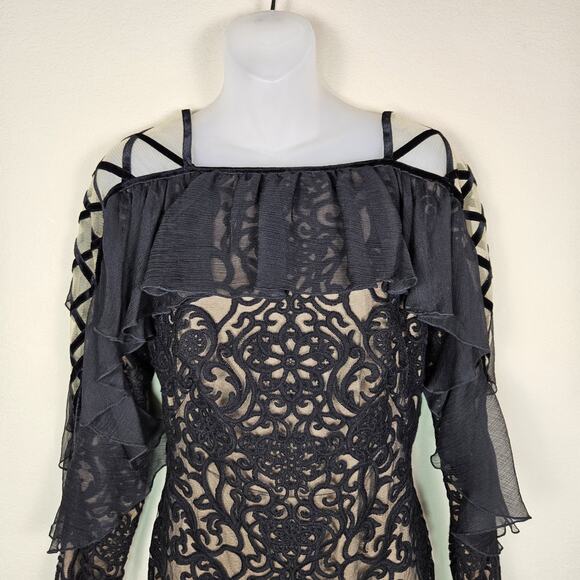 Tadashi Shoji Ada Dress Womens 10 Embroidered Lace Velvet Party Event Ruffle NEW - Picture 4 of 16